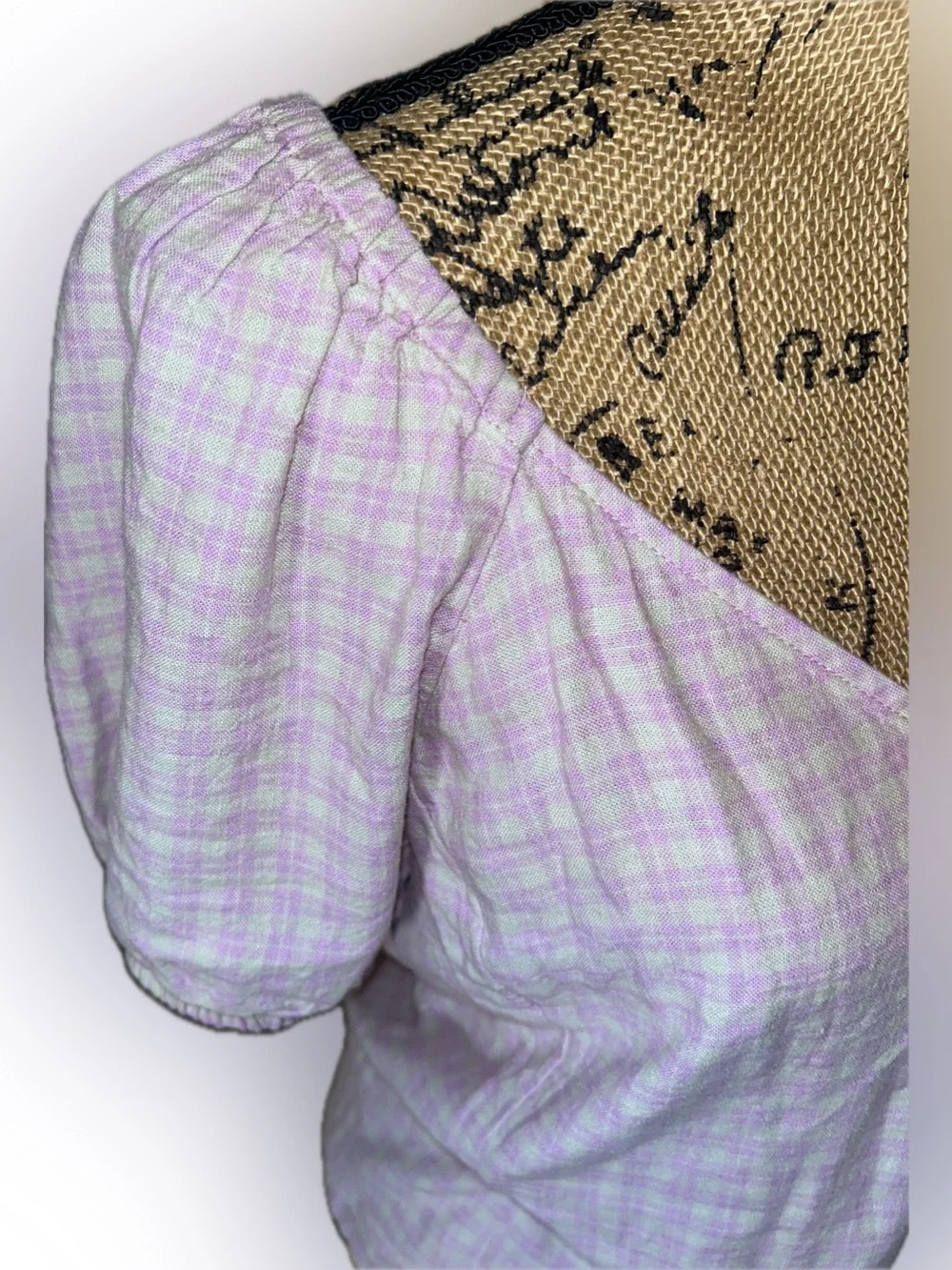 Madewell Tan Pink Gingham Puff-Sleeve Linen Blend Button Wrap Cottagecore Top S